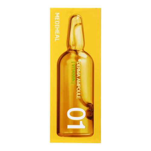 Mediheal Derma Ampoule 01 Vitamin – żółta ampułka z witaminą C do pielęgnacji skóry. Zdjęcie produktu przedstawia opakowanie ampułki na białym tle.