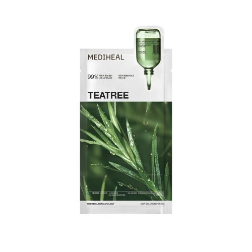 Mediheal Teatree Essential Mask to koreańska maska w płachcie z ekstraktem z drzewa herbacianego, przeznaczona do pielęgnacji skóry wymagającej ukojenia i nawilżenia. Zdjęcie przedstawia opakowanie zielonej maski do twarzy z linii Teatree na białym tle.