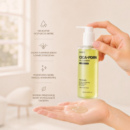 Nacific Cica PDRN Gel Cleanser to delikatny żel oczyszczający o niskim ph, przeznaczony do skóry wrażliwej, skłonnej do podrażnień i reaktywnej.