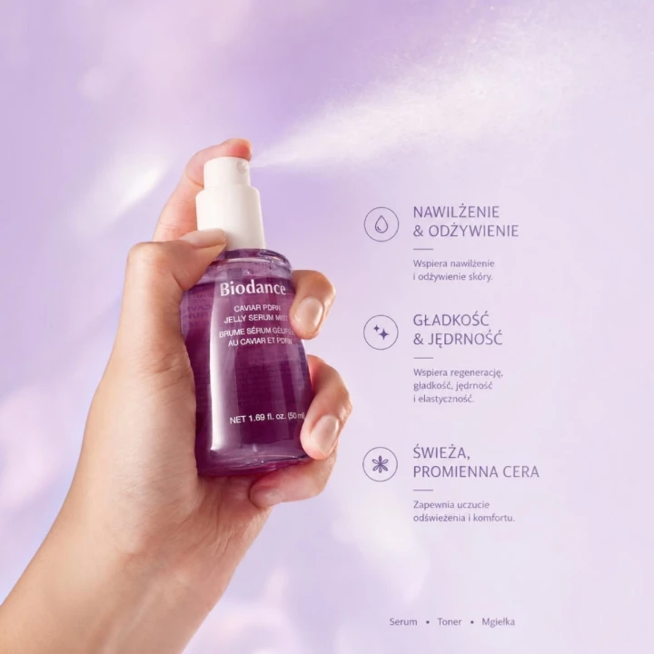 Biodance Caviar PDRN Jelly Serum Mist to żelowe serum do twarzy w formie mgiełki, inspirowane hydrożelowymi maskami Biodance.